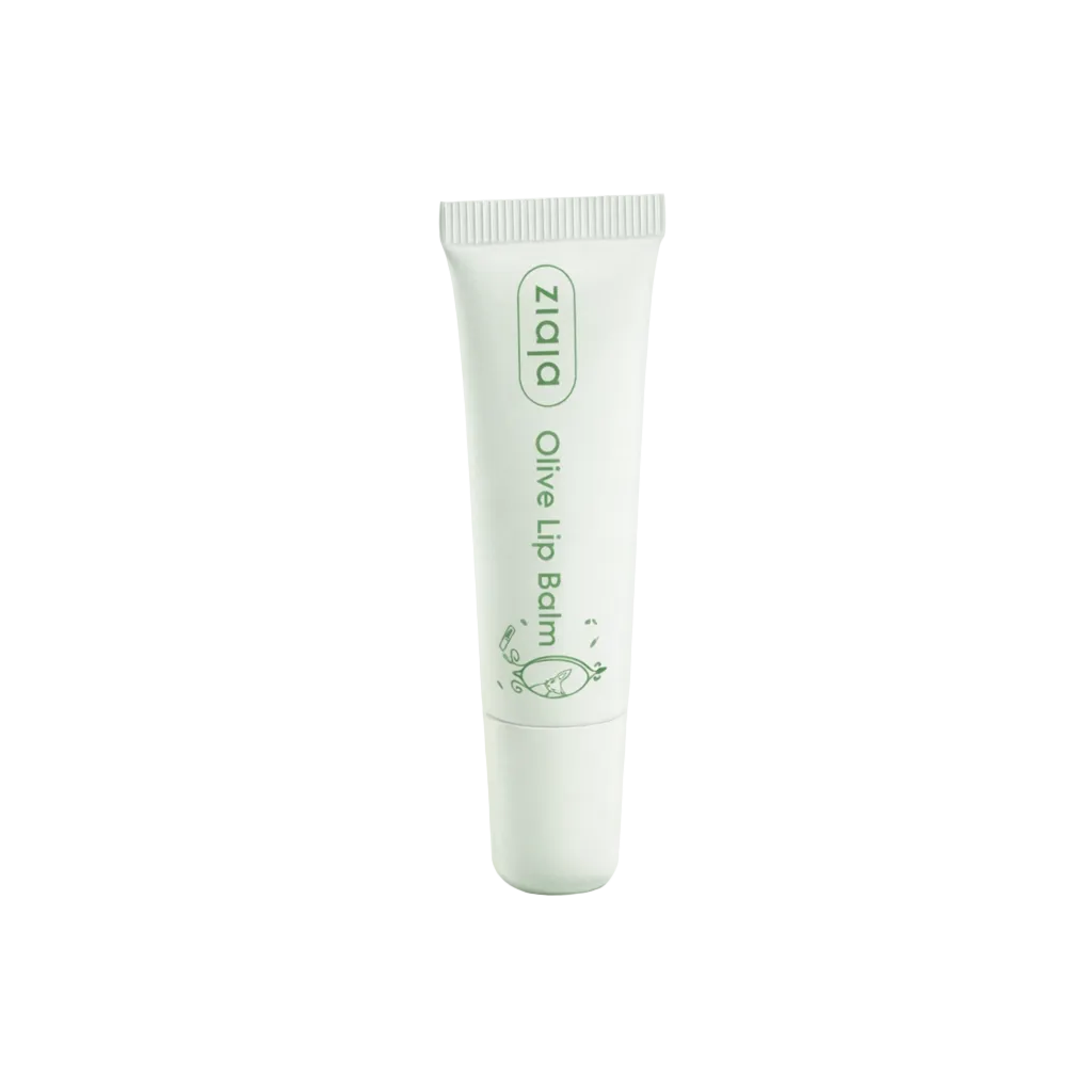 Tube of olive lip balm with 'ziaja' branding on a light green background