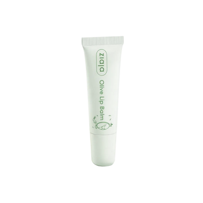 Tube of olive lip balm with 'ziaja' branding on a light green background
