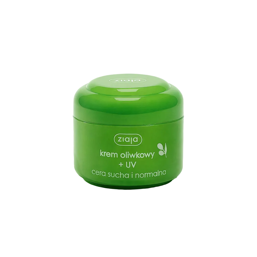 Green jar of Ziaja olive cream on a green background