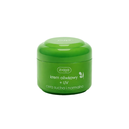 Green jar of Ziaja olive cream on a green background