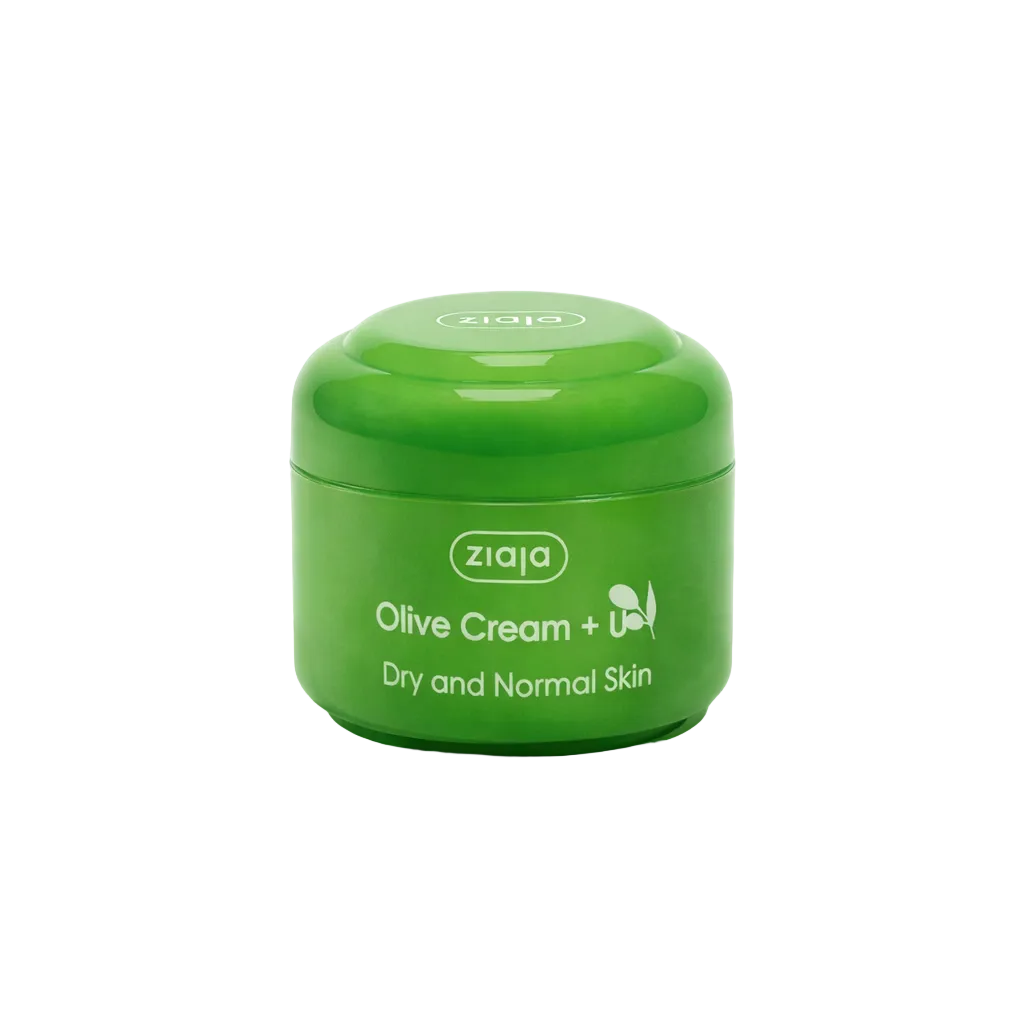 Green jar of Ziaja Olive Cream on a light green background