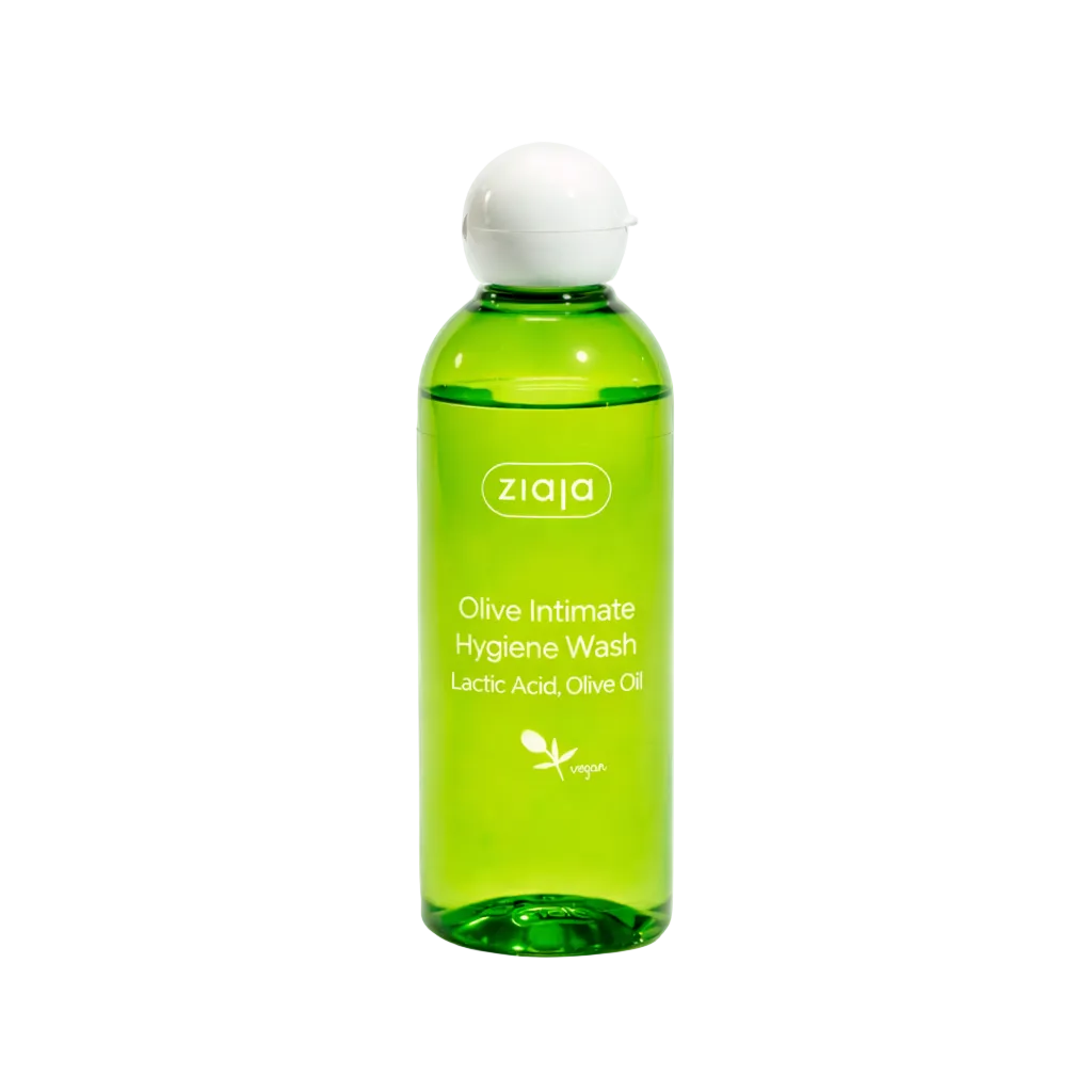 Green bottle of Ziaja Olive Intimate Hygiene Wash on a light gray background