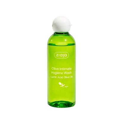 Green bottle of Ziaja Olive Intimate Hygiene Wash on a light gray background