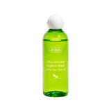 Green bottle of Ziaja Olive Intimate Hygiene Wash on a light gray background