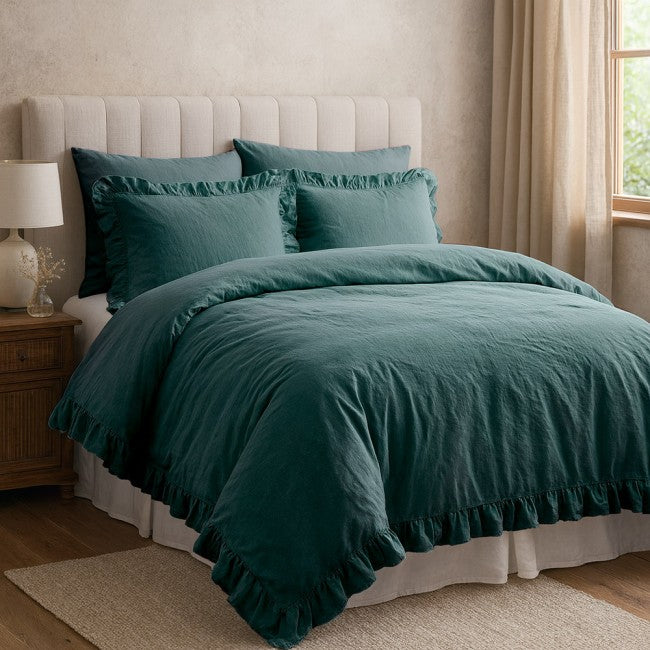 Cotton Family Comfort Duvet Cover + 4 Pillowcase (bottle green ruffle)