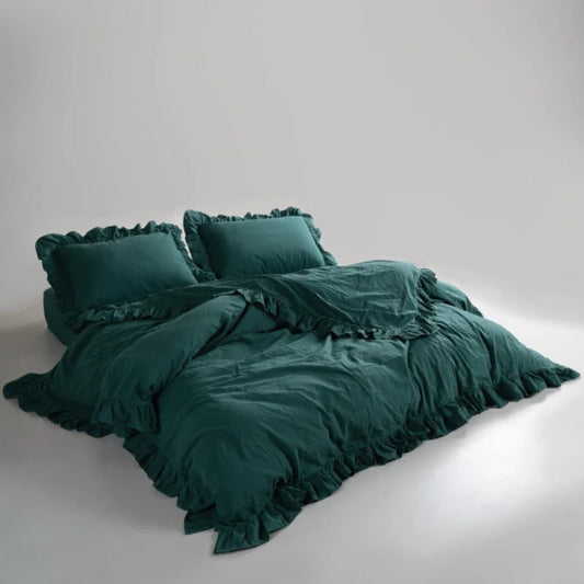 Cotton Family Comfort Duvet Cover + 2 Pillowcase (bottle green ruffle)