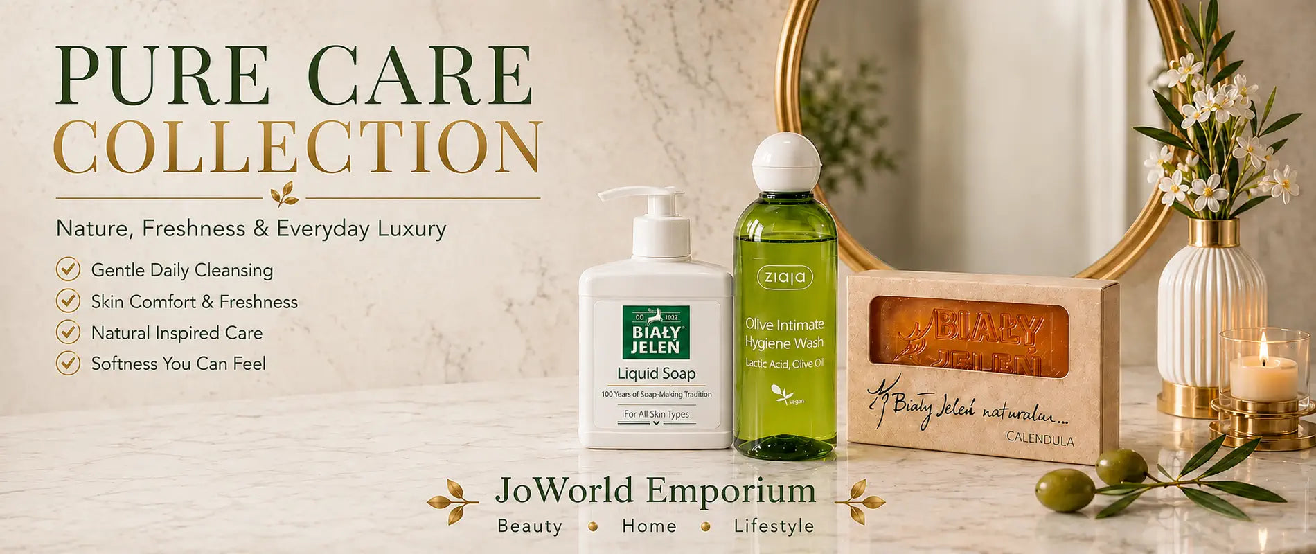 Promotional banner for JoWorld Emporium's Pure Care Collection, featuring a white pump bottle of liquid soap, a green bottle of body wash, and a wooden box of bath salts on a marble surface with decorative props.