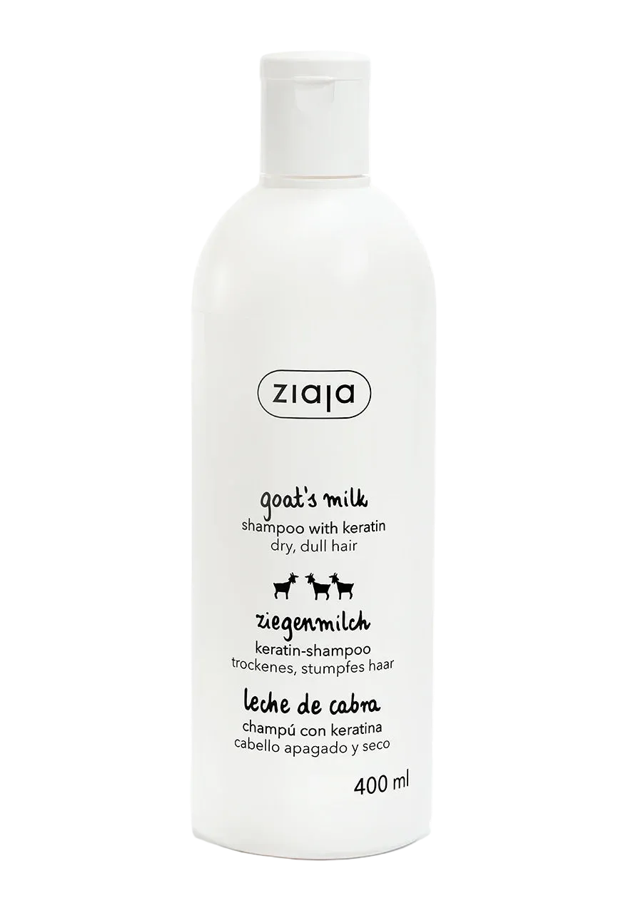A 400 ml white plastic bottle of Ziaja Goat's Milk shampoo with keratin, featuring black text and a small goat graphic on a clean white background.