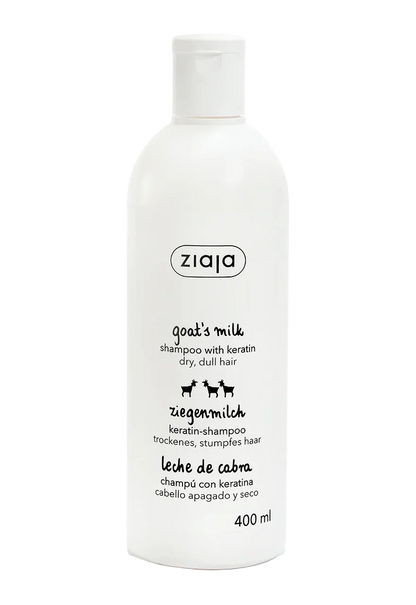 A 400 ml white plastic bottle of Ziaja Goat's Milk shampoo with keratin, featuring black text and a small goat graphic on a clean white background.