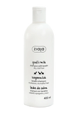 A 400 ml white plastic bottle of Ziaja Goat's Milk shampoo with keratin, featuring black text and a small goat graphic on a clean white background.