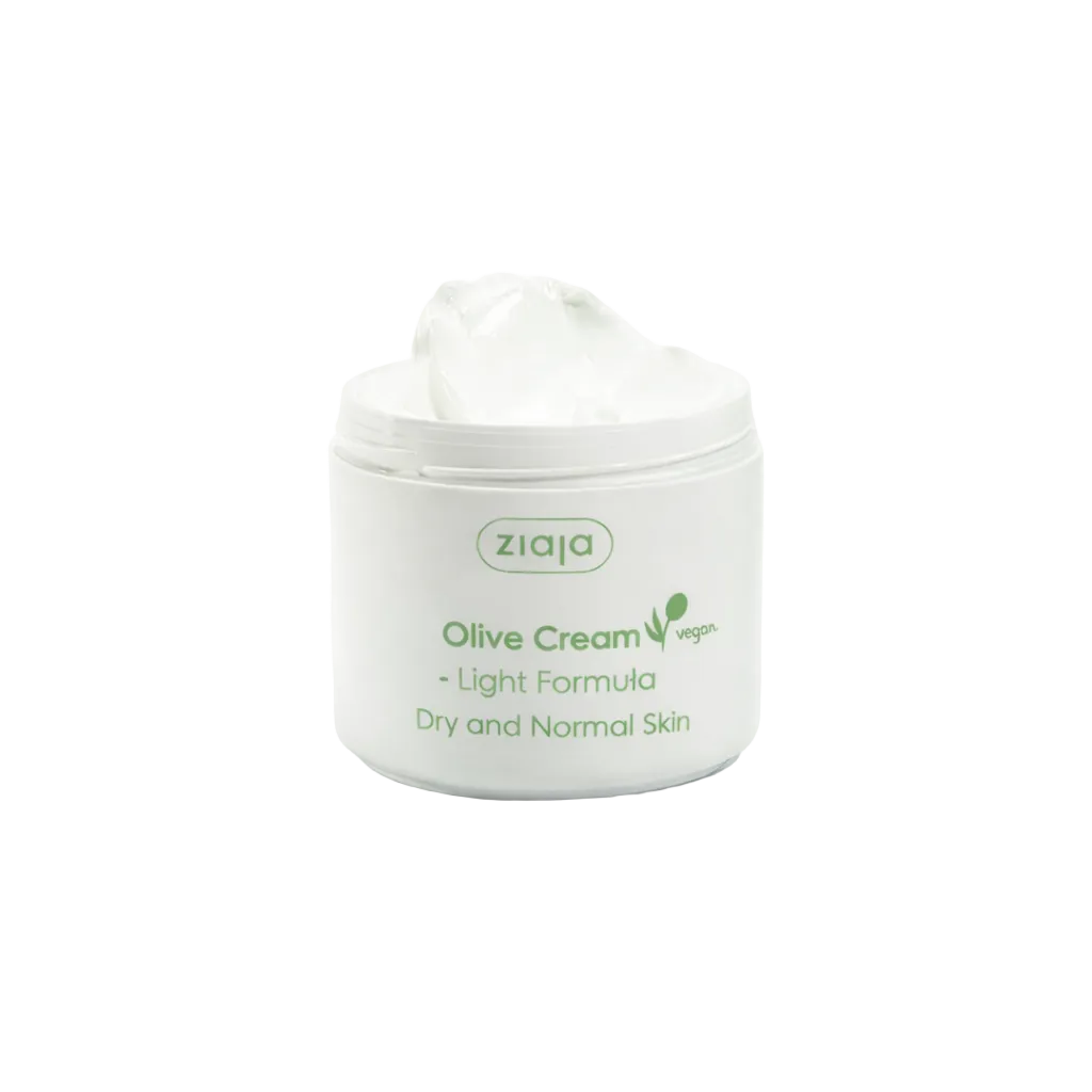Open jar of Ziaja Olive vegan light face cream for dry and normal skin
