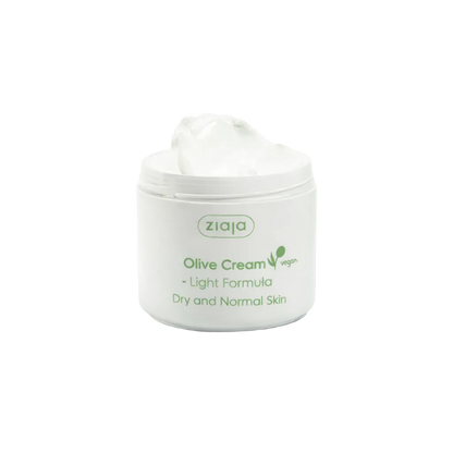 Open jar of Ziaja Olive vegan light face cream for dry and normal skin