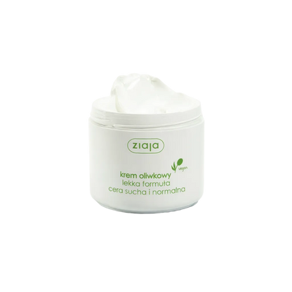 Open jar of Ziaja Olive vegan light face cream for dry and normal skin